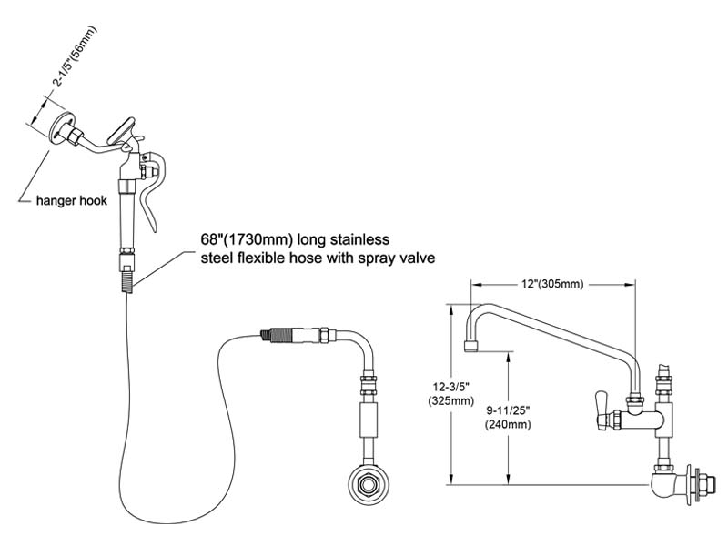 Commercial Faucet with Sprayer Size 9808-M600-AS