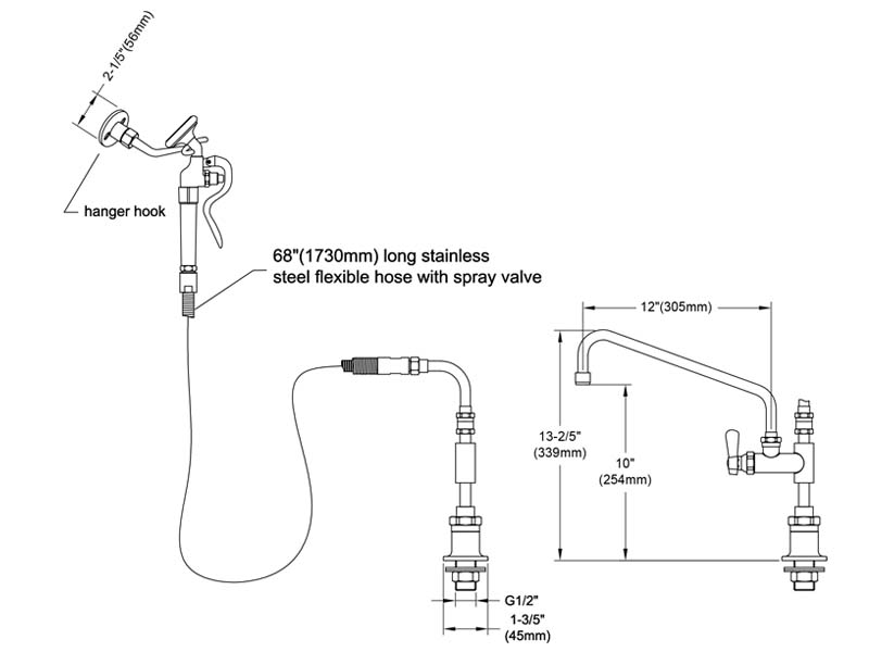 Commercial Faucet with Sprayer Size 9809-M600-AS