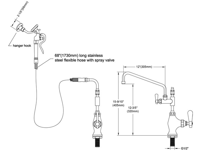 Commercial Faucet with Sprayer Size 9812-M600-AS