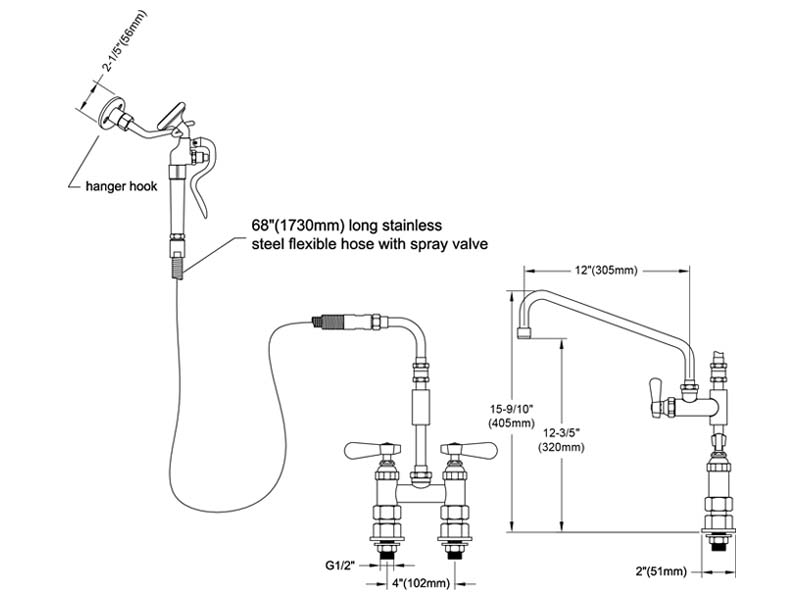 Commercial Faucet with Sprayer Size 9815-M600-AS