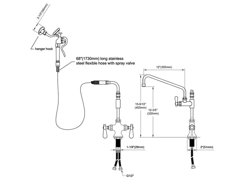 Commercial Faucet with Sprayer Size 9816-M600-AS