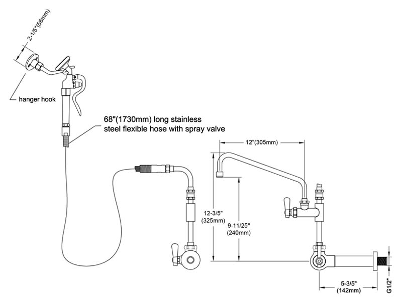 Commercial Faucet with Sprayer Size 9817-M600-AS
