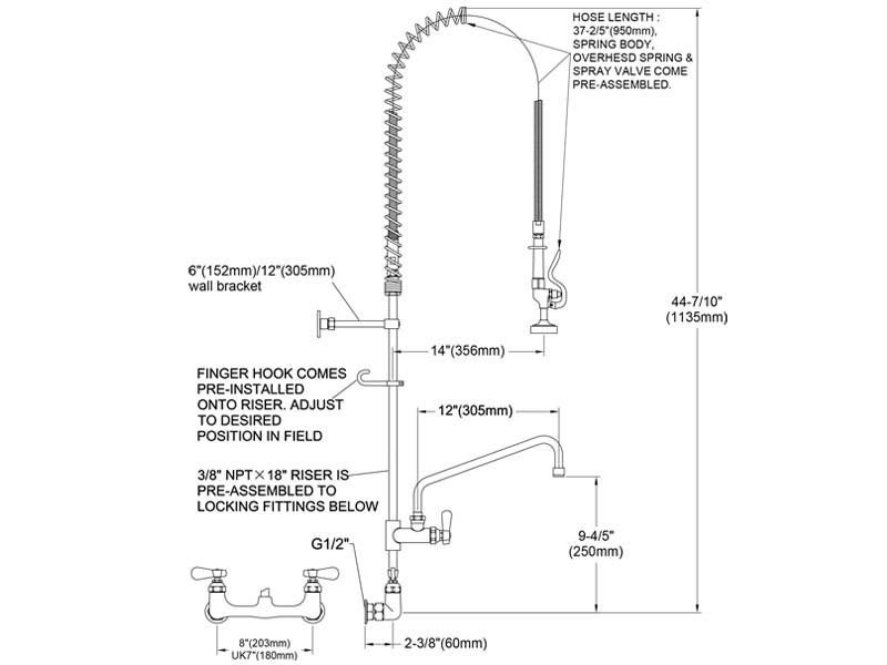 Wall Mount Pre Rinse Faucet Size 98002-2