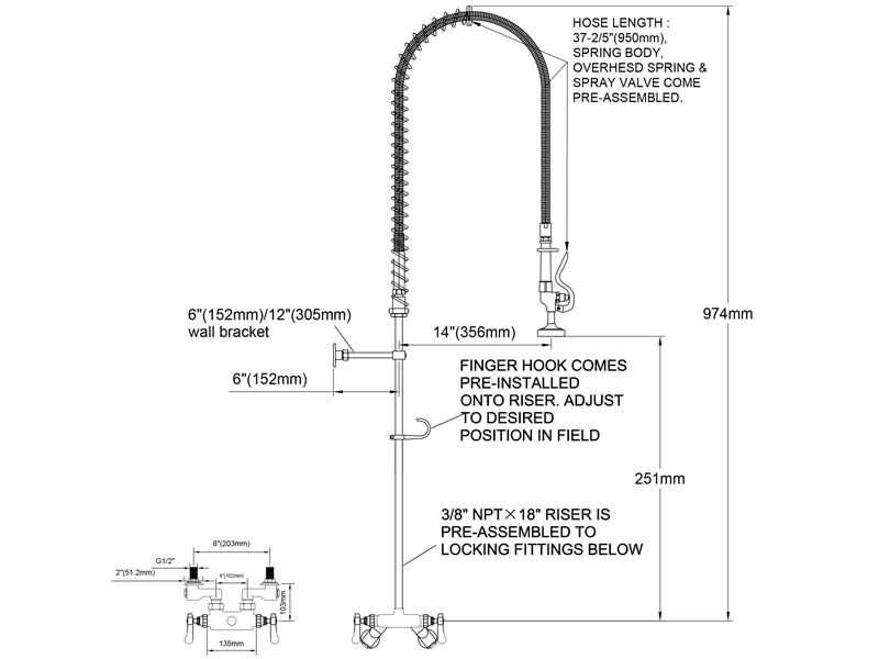 Wall Mount Pre Rinse Faucet Size 98014-1