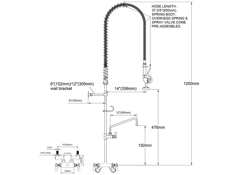 Wall Mount Pre Rinse Faucet Size 98014-2