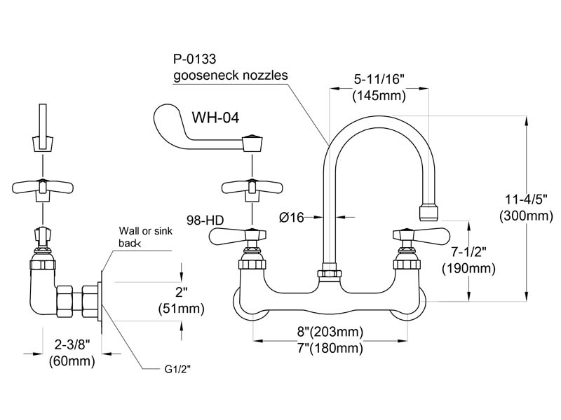 Wall Mount Sink Faucet Size 9814-P3